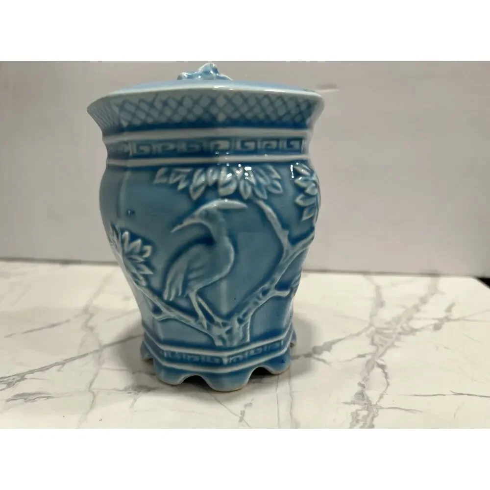 Vintage Japanese Blue Heron Egret Ceramic Flower Frog Vase Ikebana Made Japan